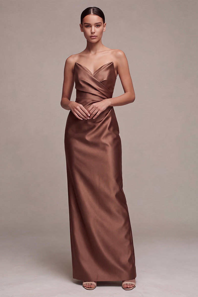 Load image into Gallery viewer, Simple Coffee  Satin Strapless Ruched Sheath Long Formal Dress