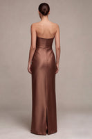 Load image into Gallery viewer, Simple Coffee  Satin Strapless Ruched Sheath Long Formal Dress