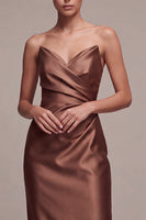 Load image into Gallery viewer, Simple Coffee  Satin Strapless Ruched Sheath Long Formal Dress