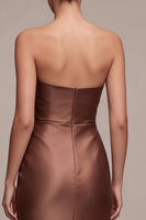 Load image into Gallery viewer, Simple Coffee  Satin Strapless Ruched Sheath Long Formal Dress