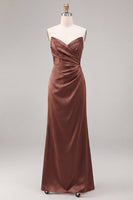 Load image into Gallery viewer, Simple Coffee  Satin Strapless Ruched Sheath Long Formal Dress