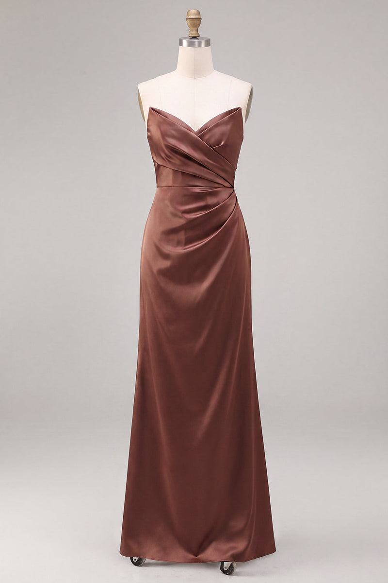 Load image into Gallery viewer, Simple Coffee  Satin Strapless Ruched Sheath Long Formal Dress