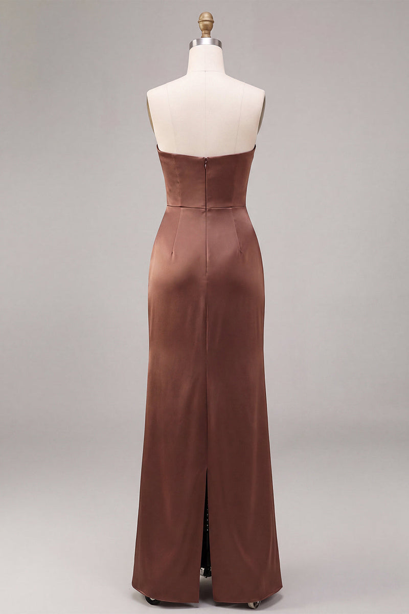 Load image into Gallery viewer, Simple Coffee  Satin Strapless Ruched Sheath Long Formal Dress