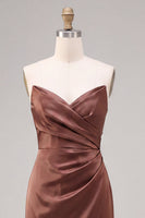 Load image into Gallery viewer, Simple Coffee  Satin Strapless Ruched Sheath Long Formal Dress