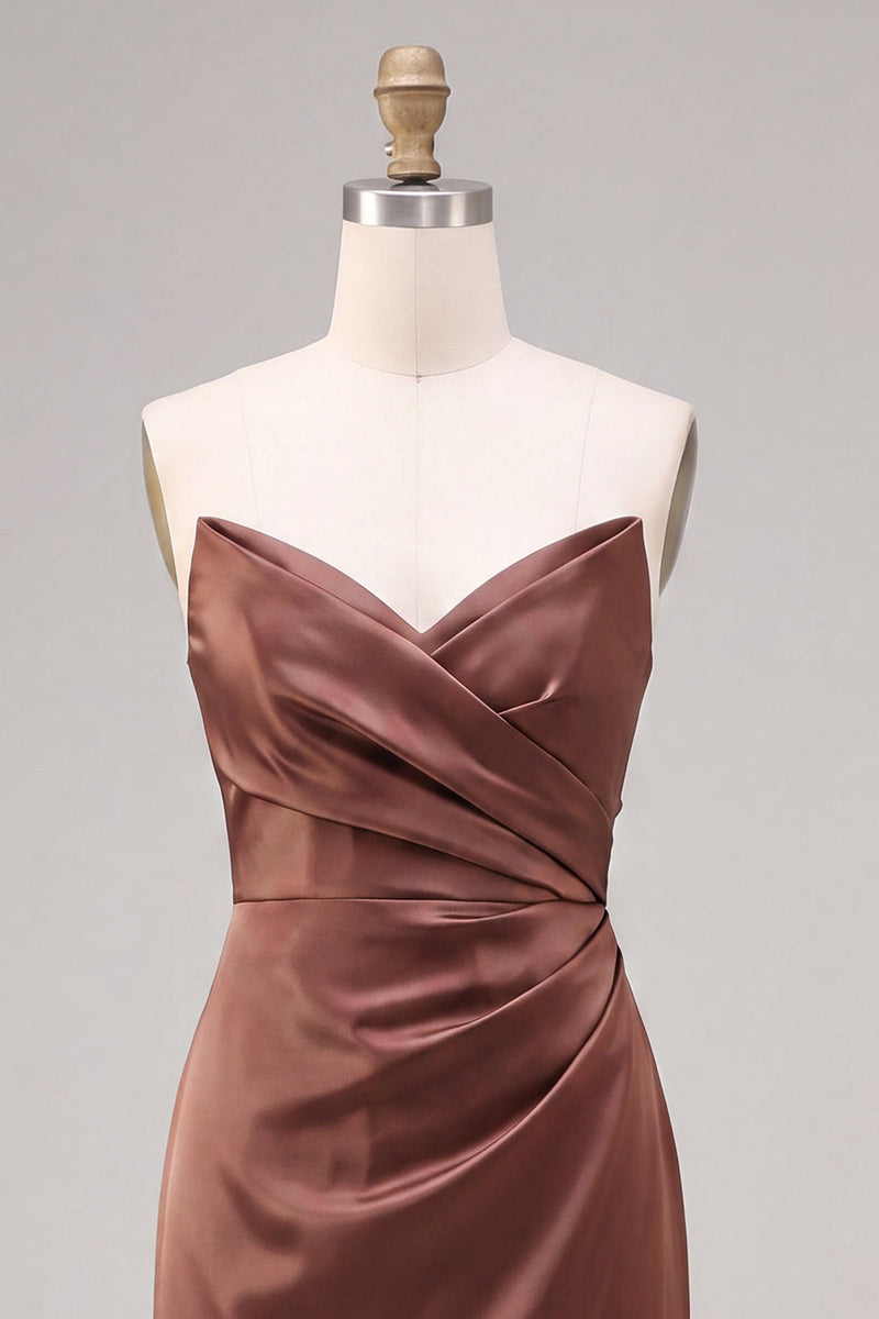 Load image into Gallery viewer, Simple Coffee  Satin Strapless Ruched Sheath Long Formal Dress