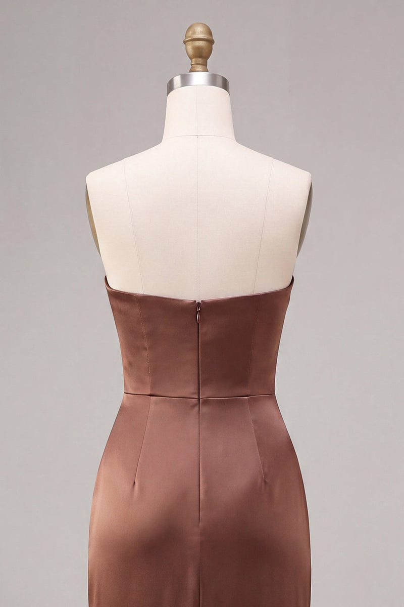 Load image into Gallery viewer, Simple Coffee  Satin Strapless Ruched Sheath Long Formal Dress