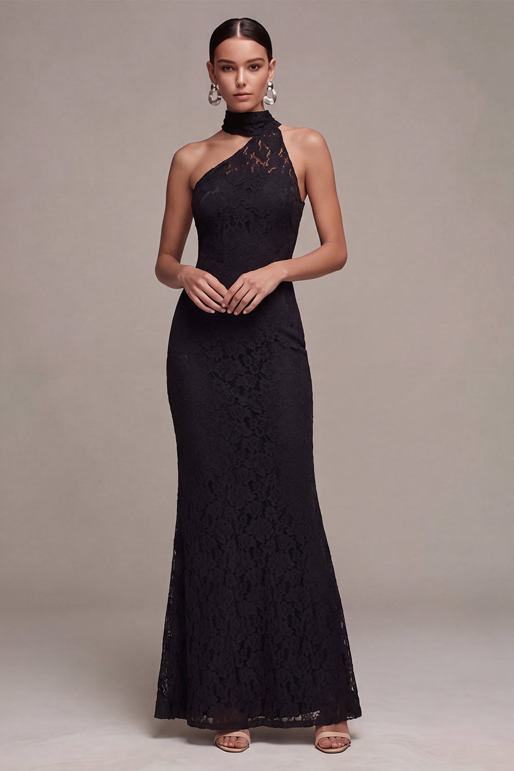 Black Lace Halter Mermaid Long Formal Dress with Keyhole