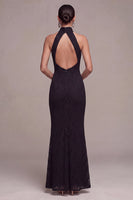Load image into Gallery viewer, Black Lace Halter Mermaid Long Formal Dress with Keyhole