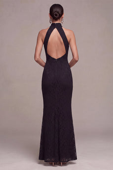 Black Lace Halter Mermaid Long Formal Dress with Keyhole
