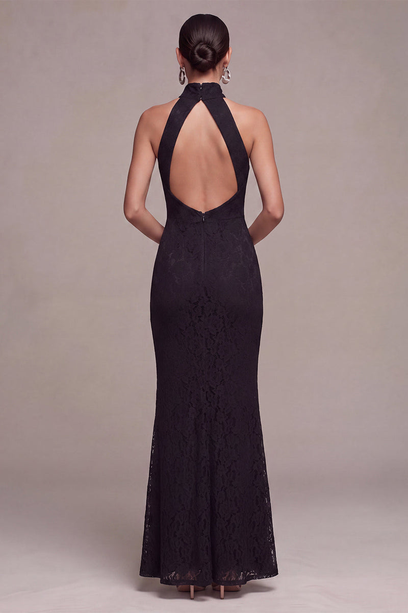 Load image into Gallery viewer, Black Lace Halter Mermaid Long Formal Dress with Keyhole