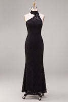 Load image into Gallery viewer, Black Lace Halter Mermaid Long Formal Dress with Keyhole