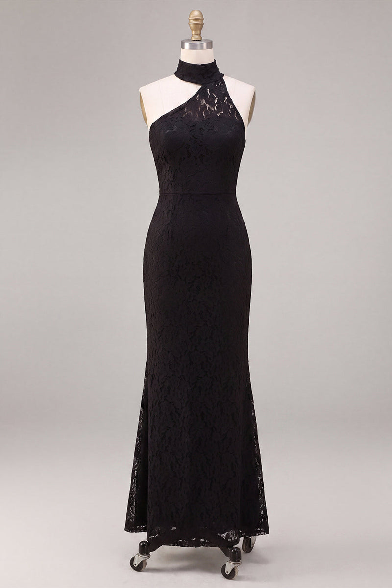 Load image into Gallery viewer, Black Lace Halter Mermaid Long Formal Dress with Keyhole