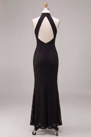 Load image into Gallery viewer, Black Lace Halter Mermaid Long Formal Dress with Keyhole