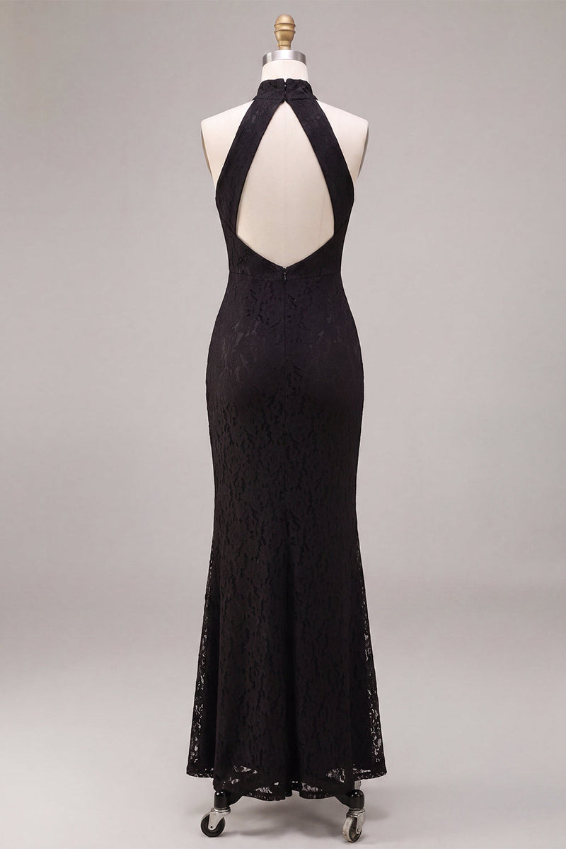 Load image into Gallery viewer, Black Lace Halter Mermaid Long Formal Dress with Keyhole