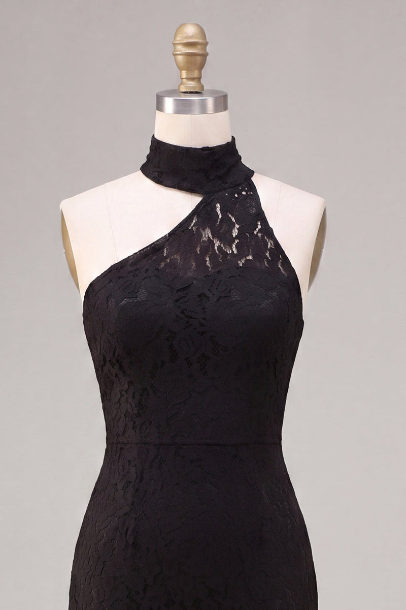 Load image into Gallery viewer, Black Lace Halter Mermaid Long Formal Dress with Keyhole