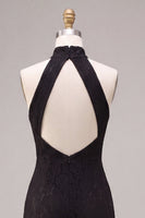 Load image into Gallery viewer, Black Lace Halter Mermaid Long Formal Dress with Keyhole
