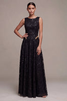 Load image into Gallery viewer, Sparkly Black A Line Floral Sequins Boat Neck Long Formal Dress