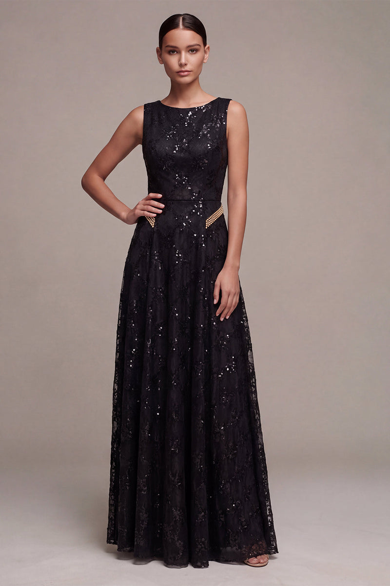 Load image into Gallery viewer, Sparkly Black A Line Floral Sequins Boat Neck Long Formal Dress
