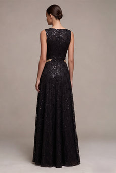 Sparkly Black A Line Floral Sequins Boat Neck Long Formal Dress
