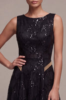 Load image into Gallery viewer, Sparkly Black A Line Floral Sequins Boat Neck Long Formal Dress
