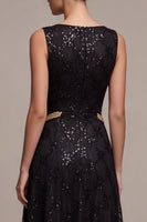 Load image into Gallery viewer, Sparkly Black A Line Floral Sequins Boat Neck Long Formal Dress