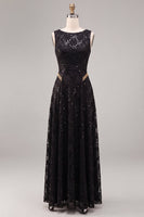 Load image into Gallery viewer, Sparkly Black A Line Floral Sequins Boat Neck Long Formal Dress