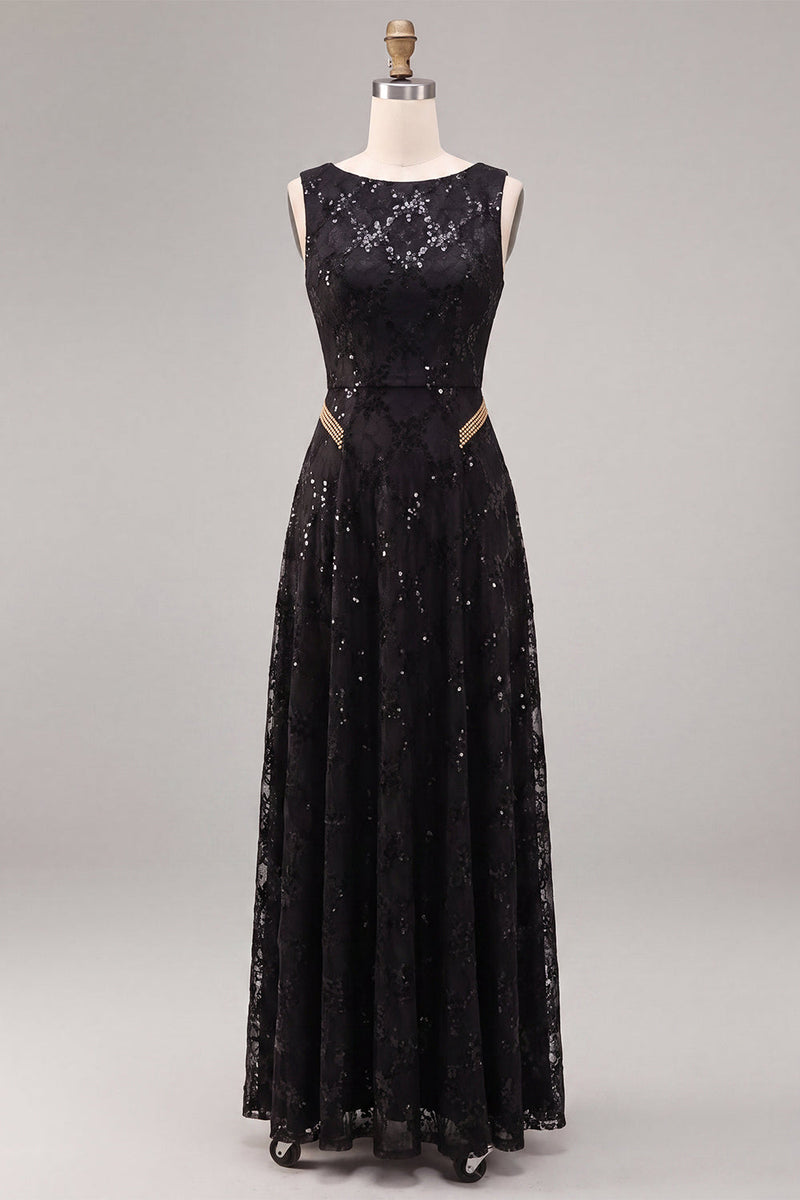 Load image into Gallery viewer, Sparkly Black A Line Floral Sequins Boat Neck Long Formal Dress