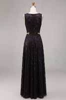 Load image into Gallery viewer, Sparkly Black A Line Floral Sequins Boat Neck Long Formal Dress