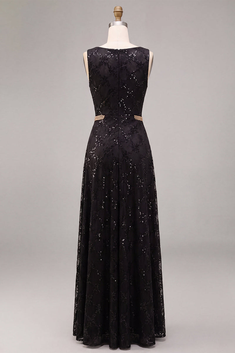 Load image into Gallery viewer, Sparkly Black A Line Floral Sequins Boat Neck Long Formal Dress