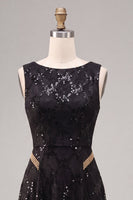 Load image into Gallery viewer, Sparkly Black A Line Floral Sequins Boat Neck Long Formal Dress