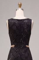 Load image into Gallery viewer, Sparkly Black A Line Floral Sequins Boat Neck Long Formal Dress