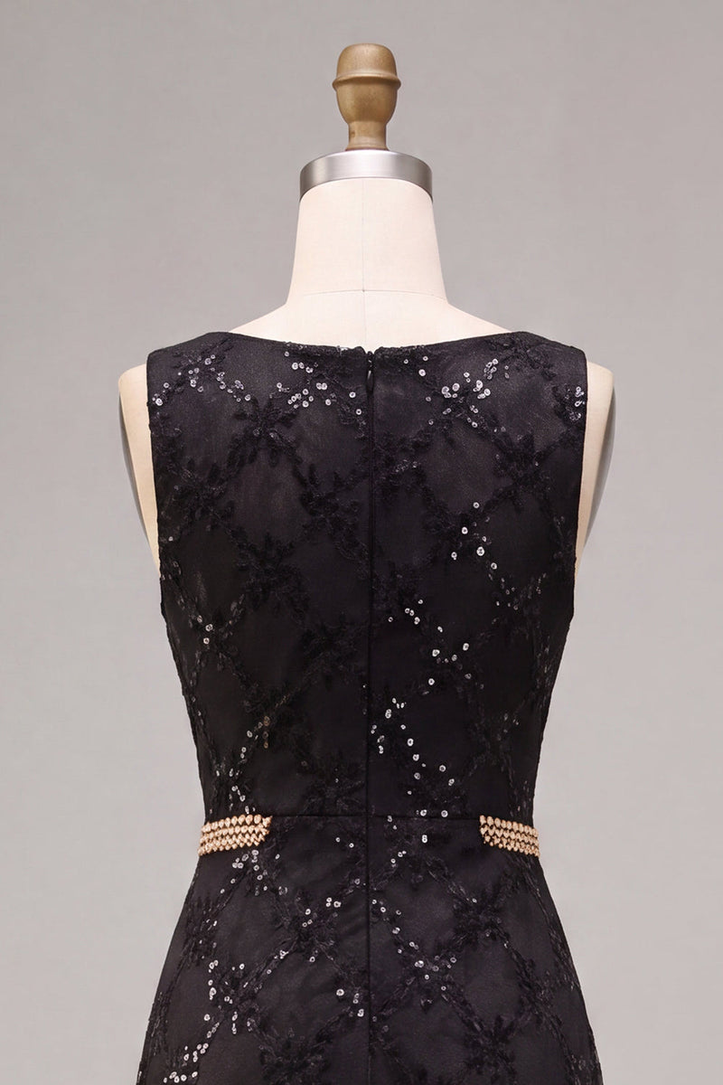Load image into Gallery viewer, Sparkly Black A Line Floral Sequins Boat Neck Long Formal Dress