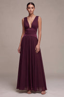 Load image into Gallery viewer, A Line Chiffon Burgundy V-Neck Pleated Long Formal Dress