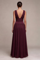 Load image into Gallery viewer, A Line Chiffon Burgundy V-Neck Pleated Long Formal Dress