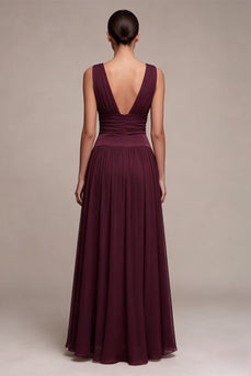 A Line Chiffon Burgundy V-Neck Pleated Long Formal Dress
