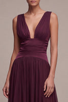 Load image into Gallery viewer, A Line Chiffon Burgundy V-Neck Pleated Long Formal Dress