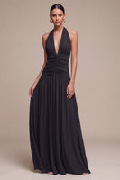 Load image into Gallery viewer, Black A Line Chiffon Halter V Neck Ruched Long Formal Dress