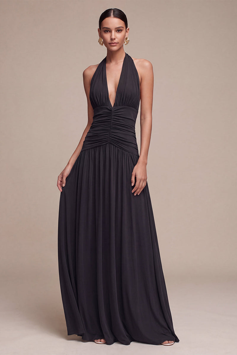 Load image into Gallery viewer, Black A Line Chiffon Halter V Neck Ruched Long Formal Dress