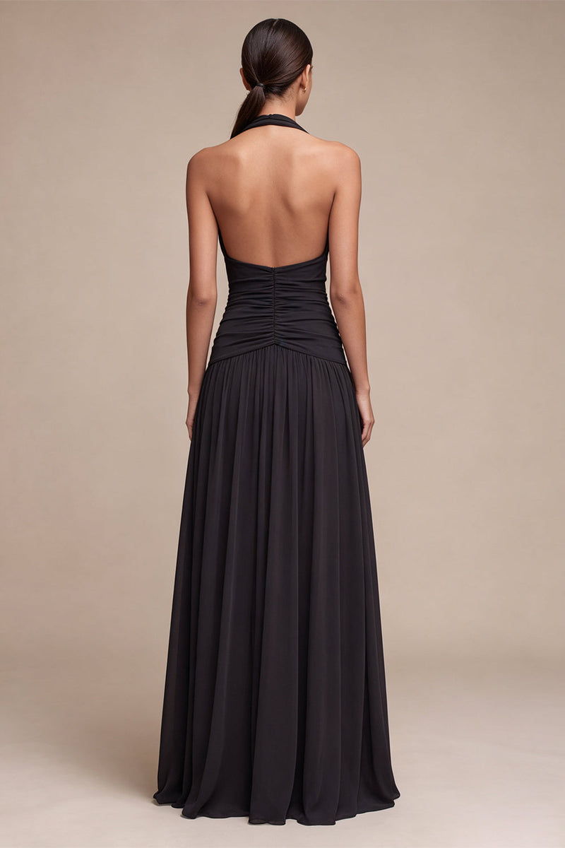 Load image into Gallery viewer, Black A Line Chiffon Halter V Neck Ruched Long Formal Dress