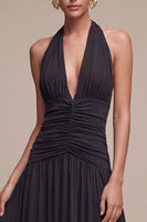 Load image into Gallery viewer, Black A Line Chiffon Halter V Neck Ruched Long Formal Dress