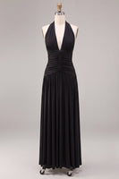 Load image into Gallery viewer, Black A Line Chiffon Halter V Neck Ruched Long Formal Dress