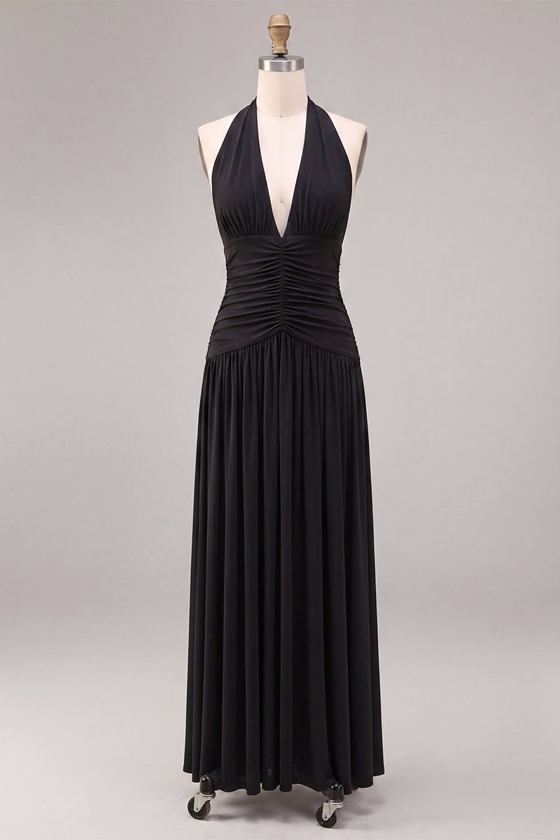 Load image into Gallery viewer, Black A Line Chiffon Halter V Neck Ruched Long Formal Dress