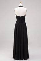 Load image into Gallery viewer, Black A Line Chiffon Halter V Neck Ruched Long Formal Dress
