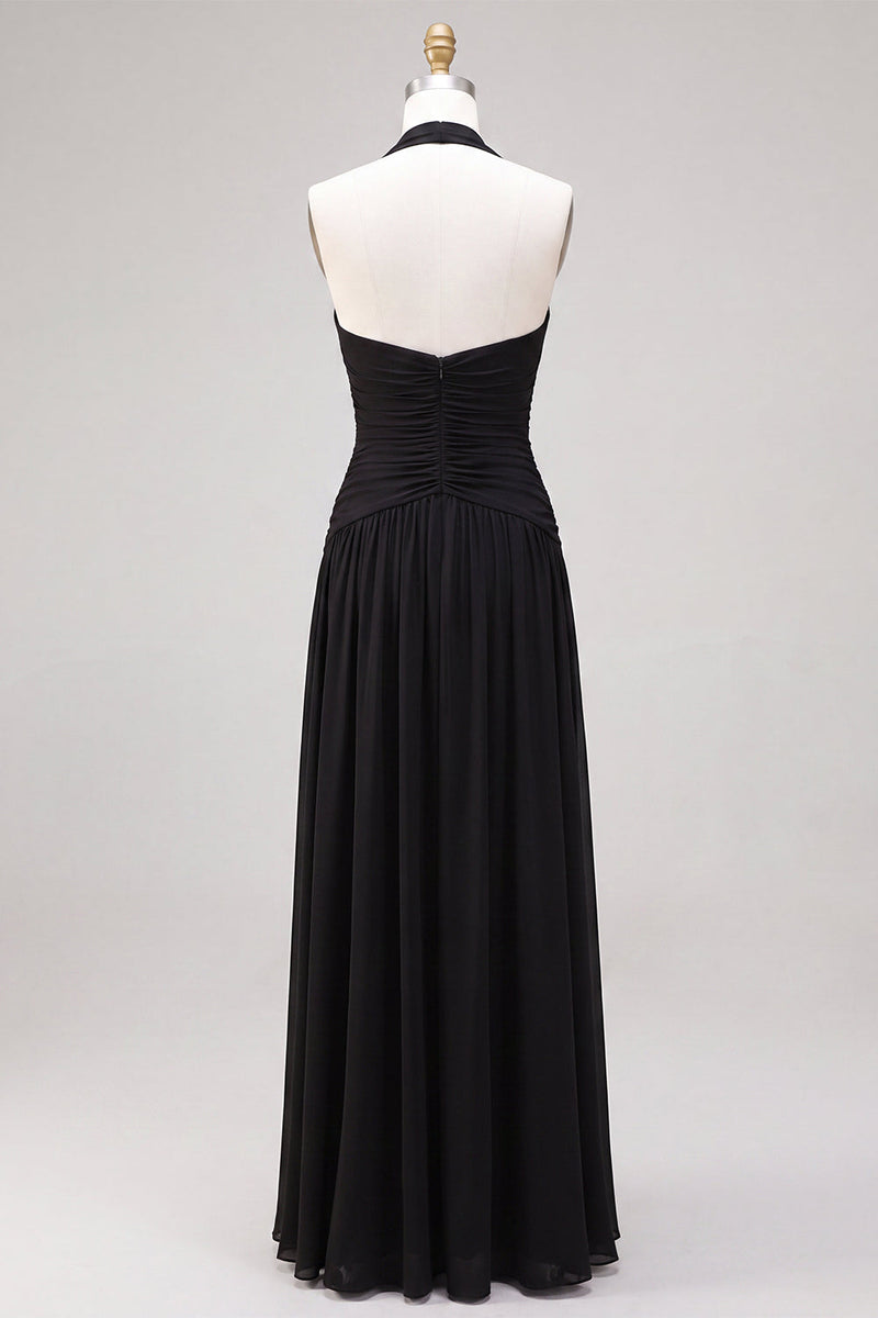 Load image into Gallery viewer, Black A Line Chiffon Halter V Neck Ruched Long Formal Dress