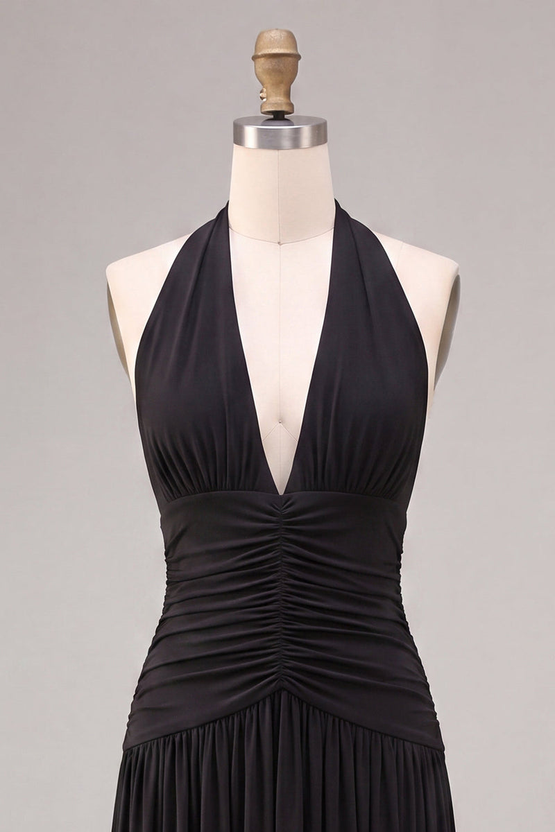 Load image into Gallery viewer, Black A Line Chiffon Halter V Neck Ruched Long Formal Dress