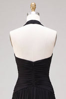 Load image into Gallery viewer, Black A Line Chiffon Halter V Neck Ruched Long Formal Dress
