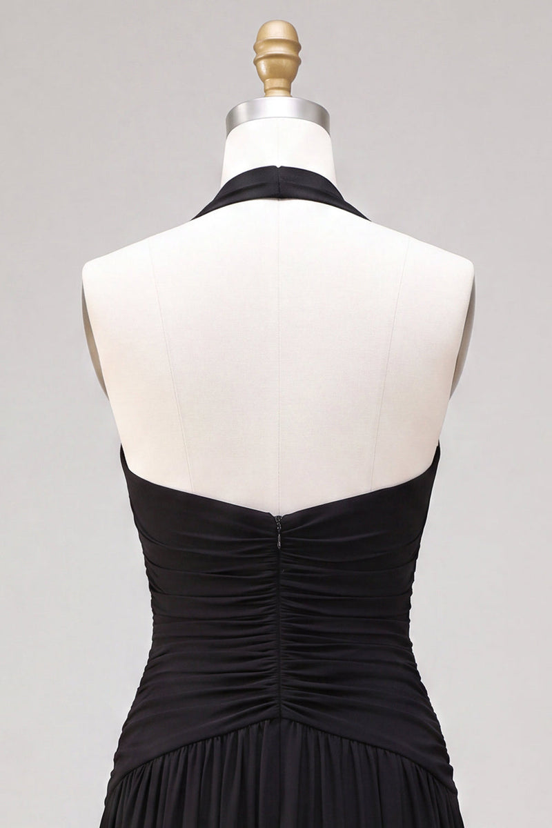 Load image into Gallery viewer, Black A Line Chiffon Halter V Neck Ruched Long Formal Dress