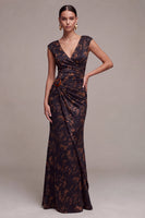 Load image into Gallery viewer, Black Floral V-Neck Mermaid Cap Sleeves Long Formal Dress