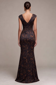 Black Floral V-Neck Mermaid Cap Sleeves Long Formal Dress