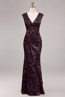 Load image into Gallery viewer, Black Floral V-Neck Mermaid Cap Sleeves Long Formal Dress